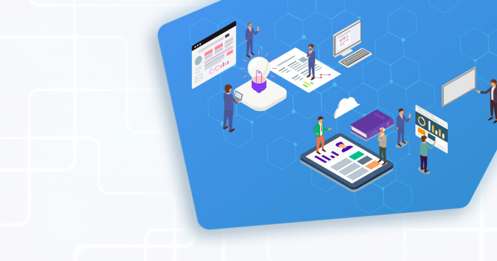 パソコンや資料を使って働く人々のイラスト